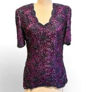 VINTAGE glamorous fancy beaded festive party‎ top purple black sparkle glitz 80s